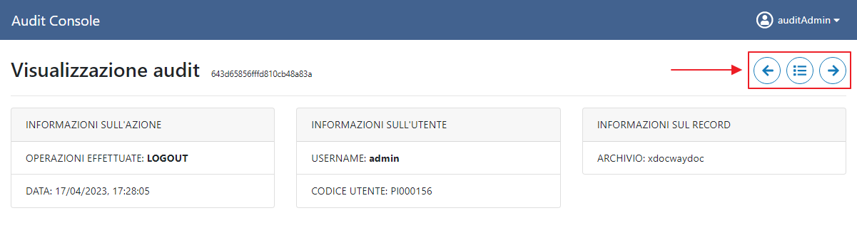 Pulsanti navigazione lista record Audit