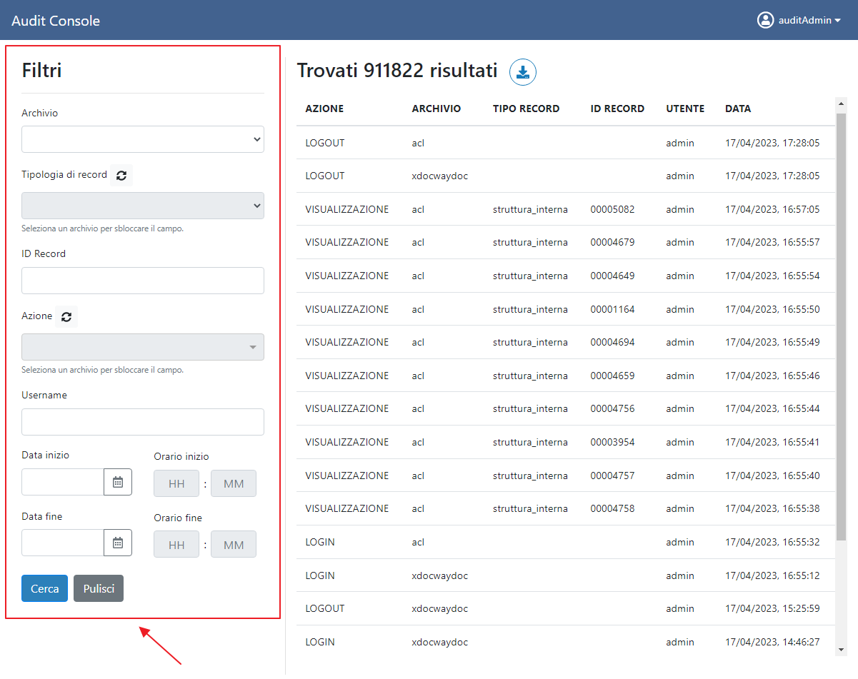 Sezione Filtri Audit Console