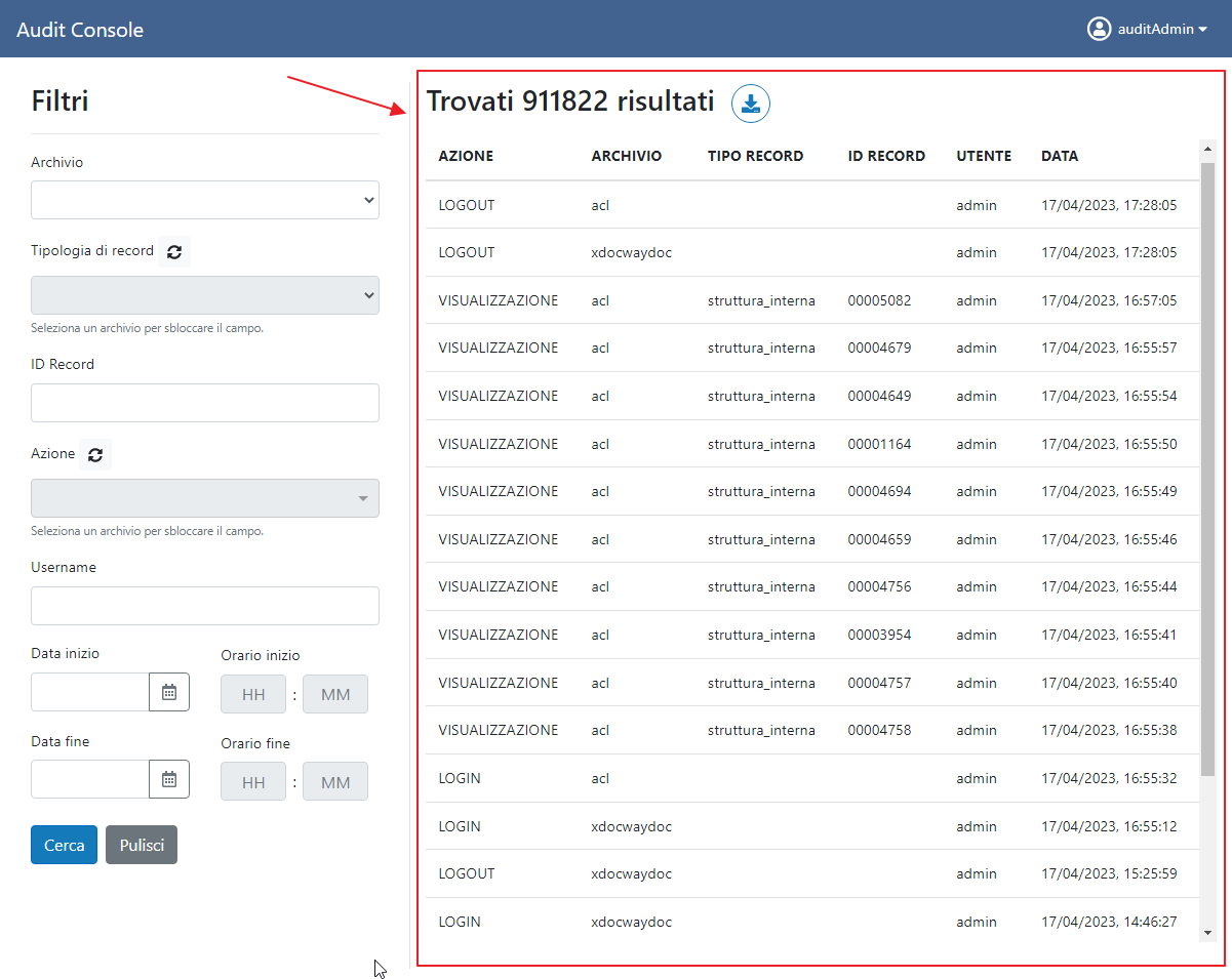 Sezione Lista Record Audit Console