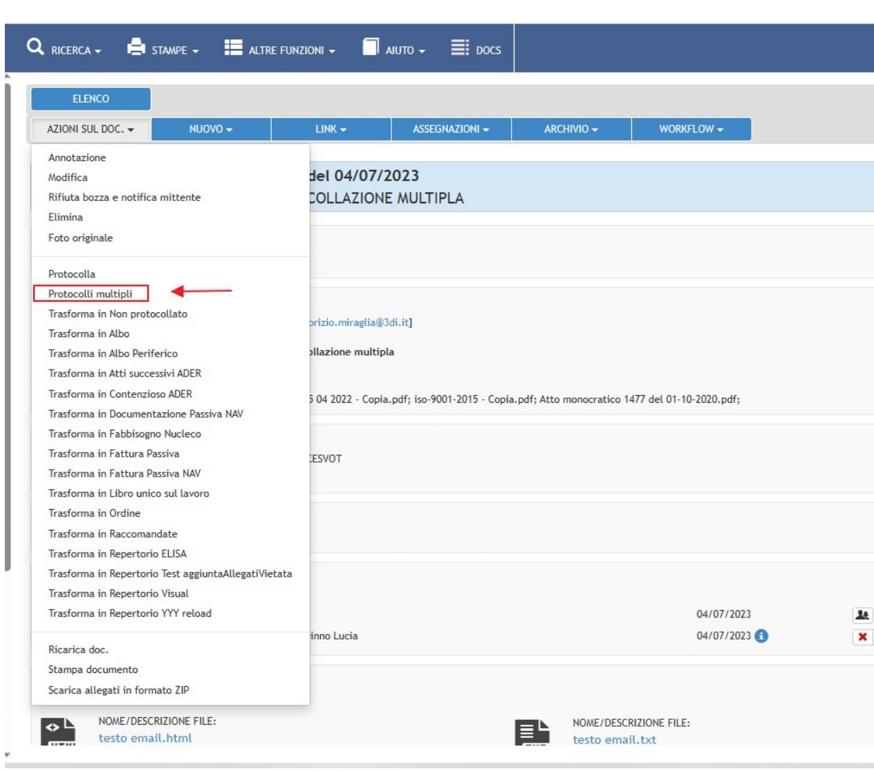 Pulsante "Azioni sul doc"- Comando "Protocolli multipli"