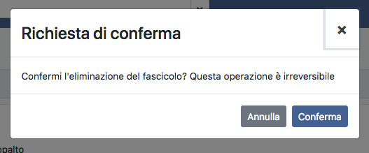 Conferma eliminazione fascicolo
