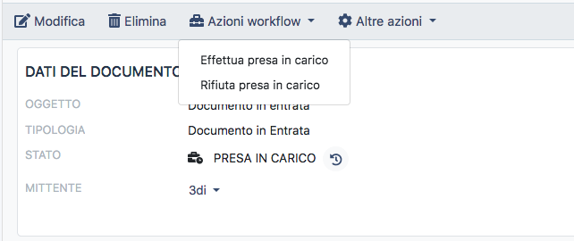 Effettua o rifiuta presa in carico documento