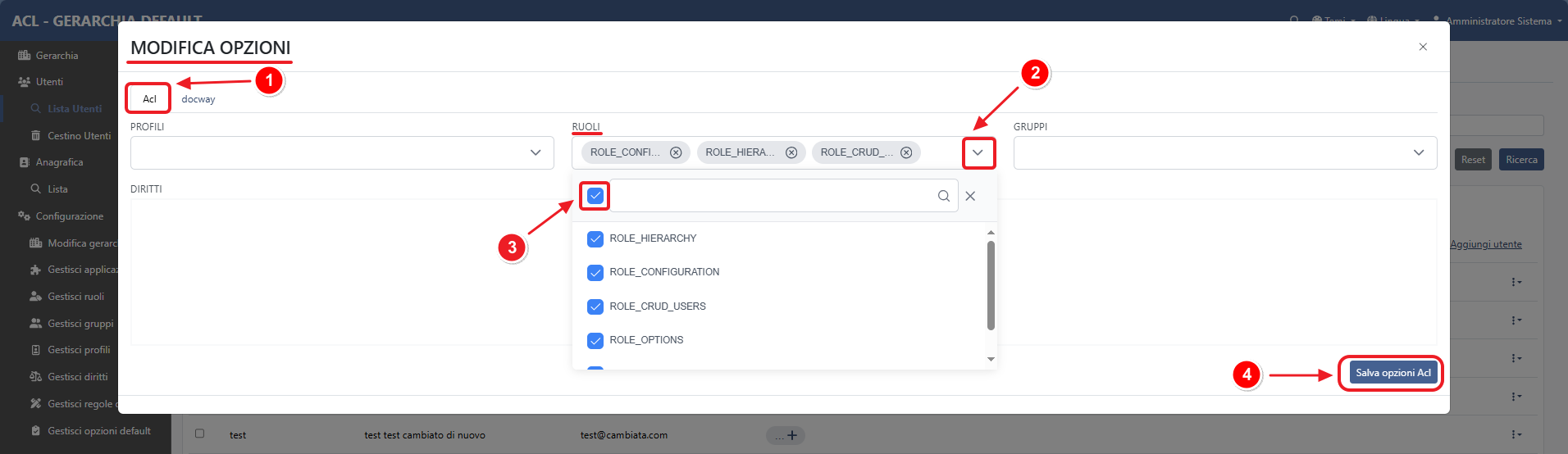  configurazione acl ruolo amministratore: selezione ruoli 