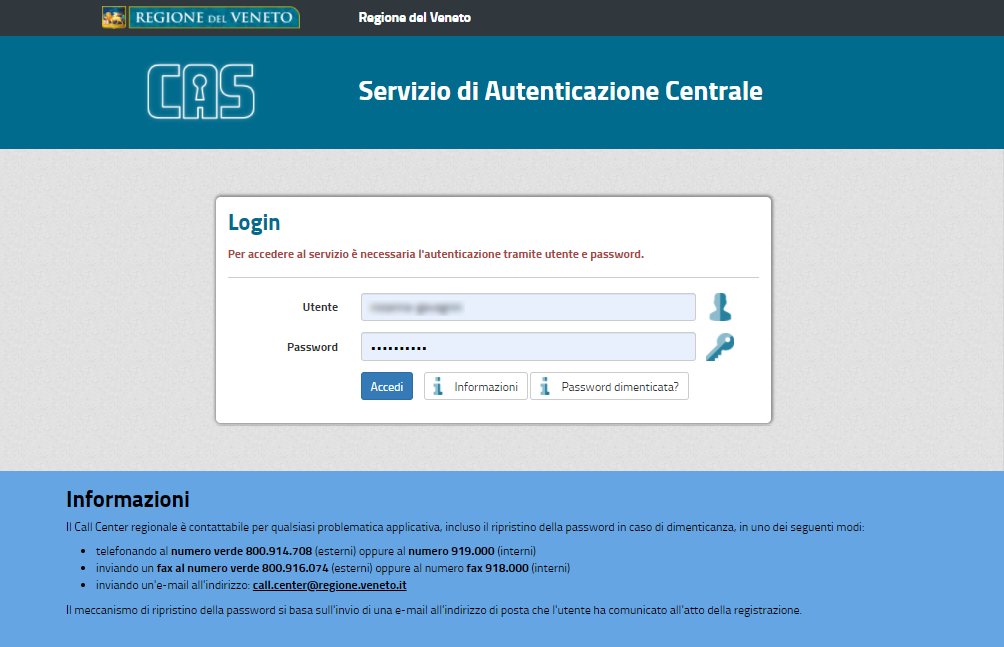 Pagina principale di accesso ad OPERA