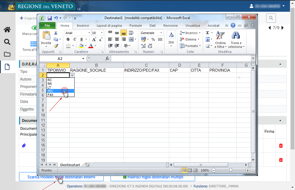 Tendina di selezione del file con i tipi di invio: RC, RR, LT, PEC e FAX