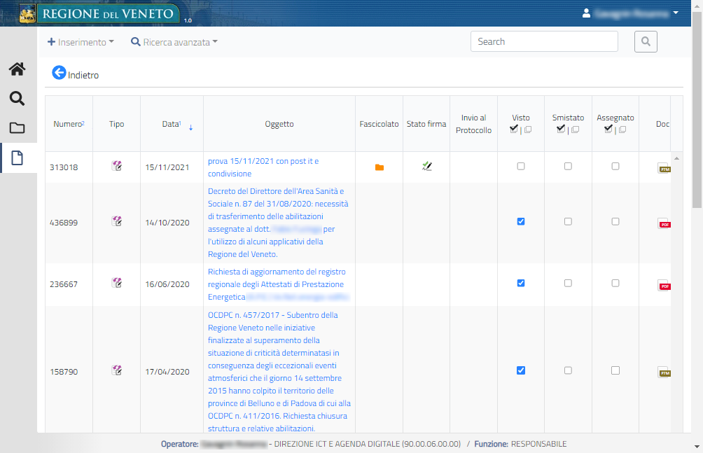 Lista dei documenti protocollati assegnati all'utente
