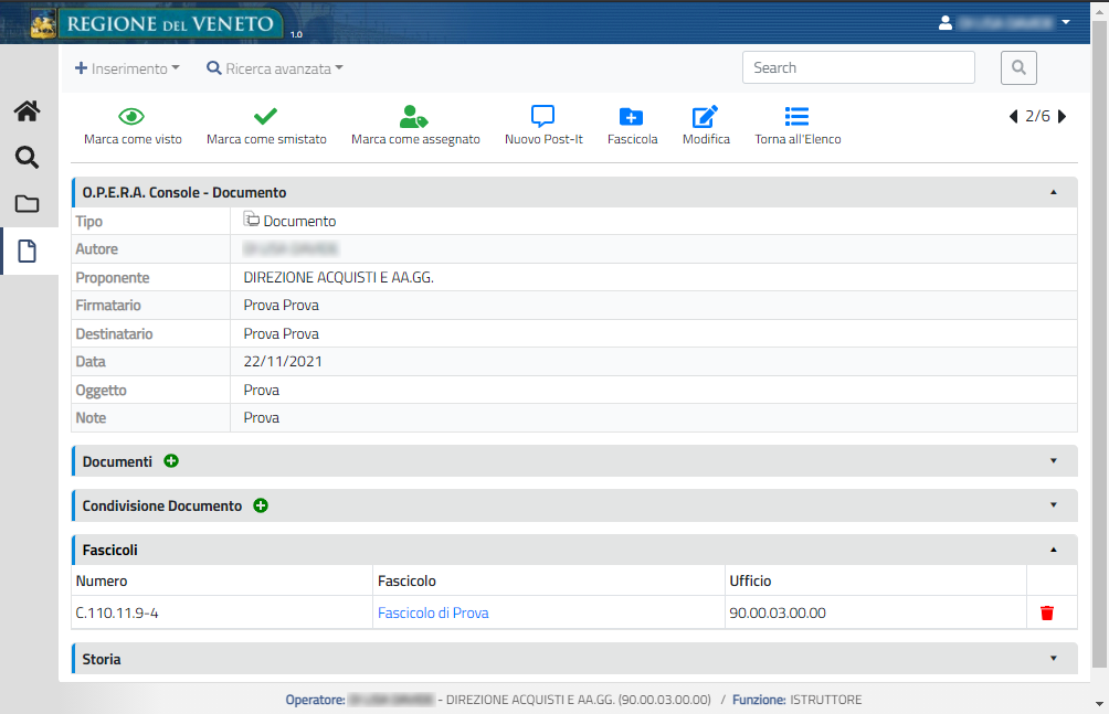 Sezione Fascicoli del documento