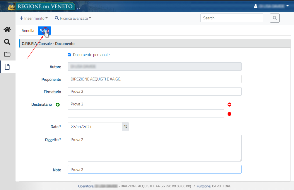 Inserimento metadati documento e salvataggio