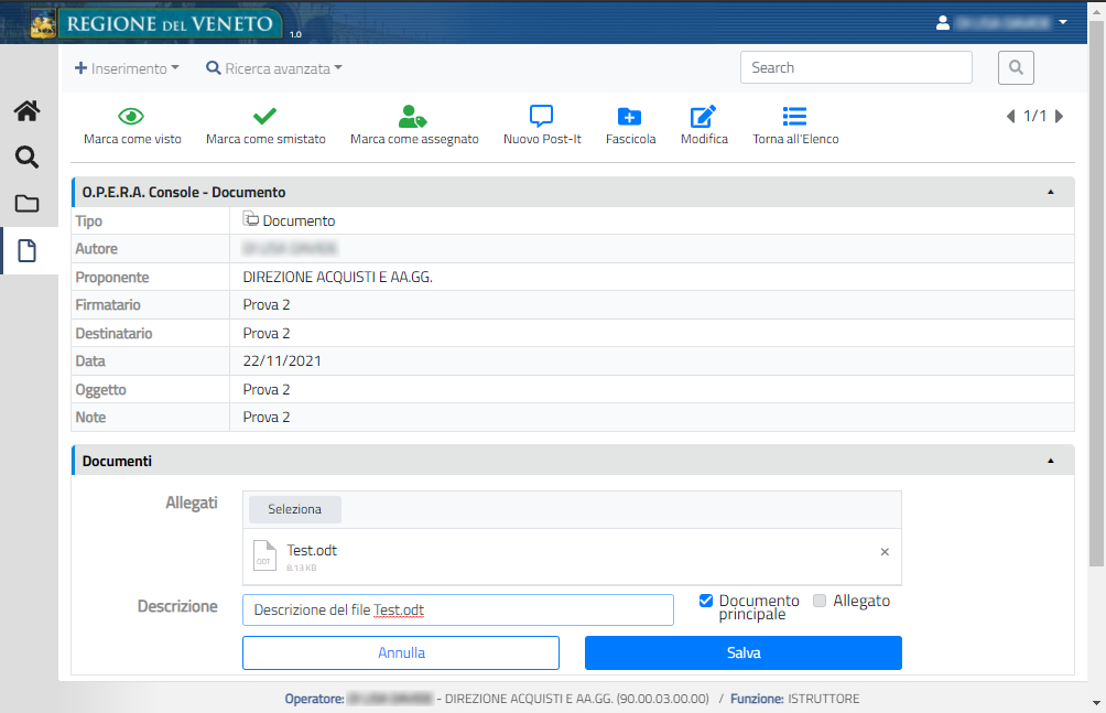 Selezione e descrizione del file da allegare al documento
