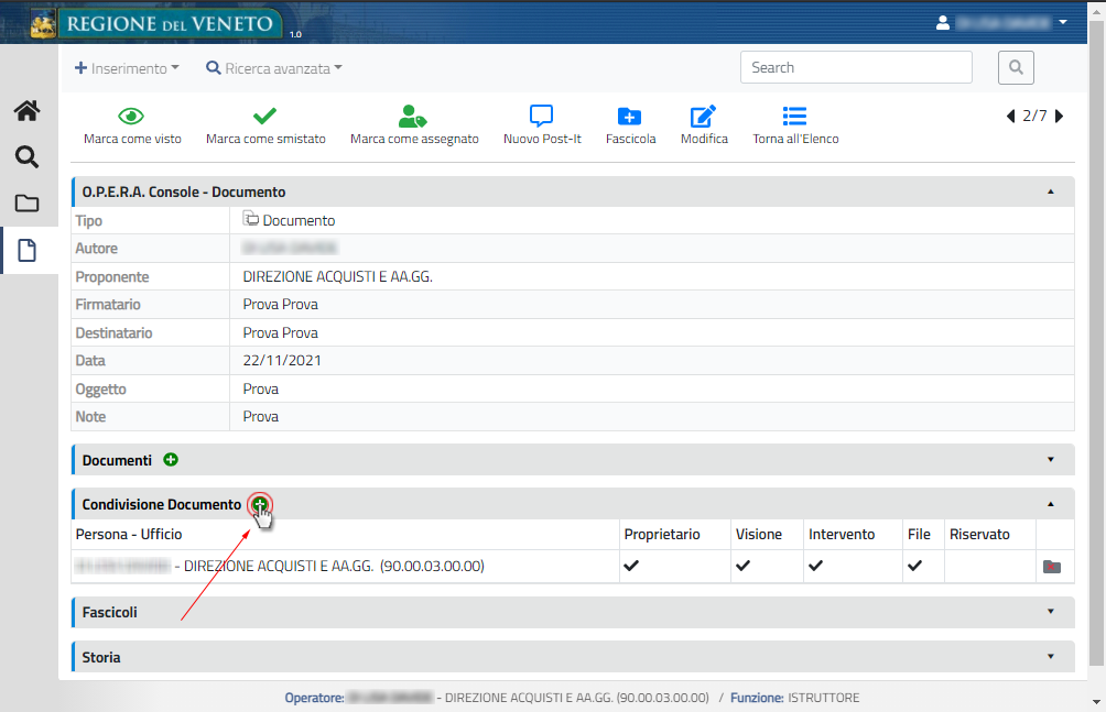 Sezione Condivisione del documento e pulsante "+"