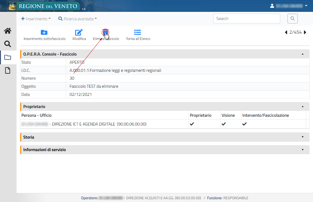 Pulsante Eliminazione Fascicolo