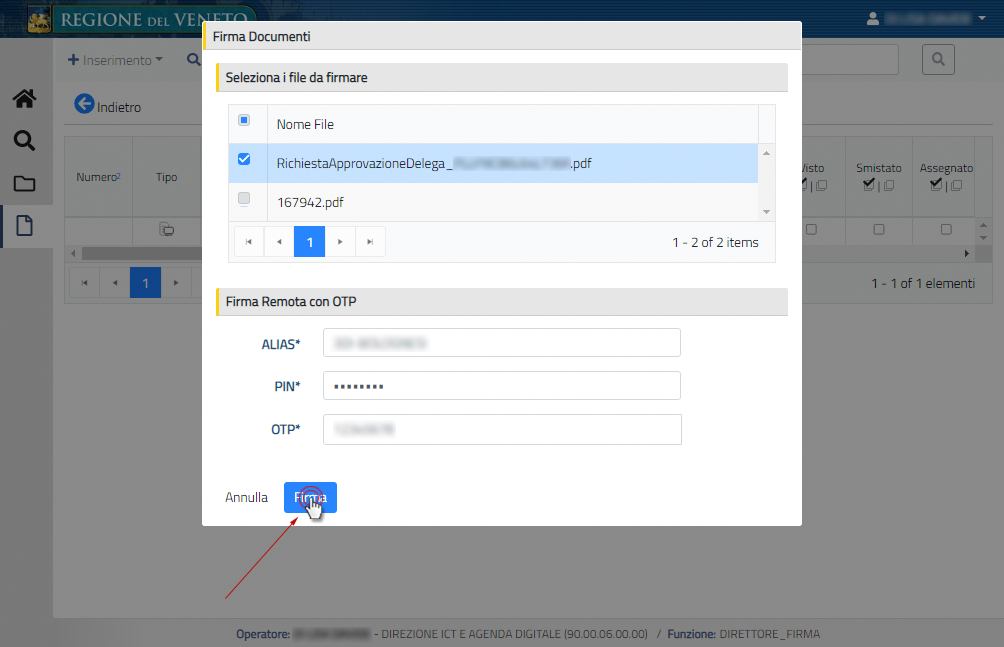 Selezione file da firmare, Inserimento ALIAS, PIN, OTP e pulsante Firma