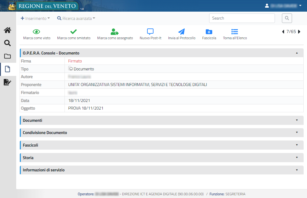 Documento firmato con pulsante Invia al Protocollo nella barra superiore