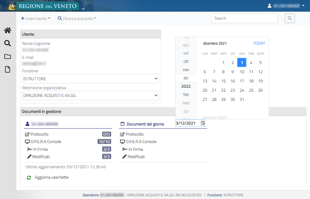 Selezione data calendario, area Documenti del giorno