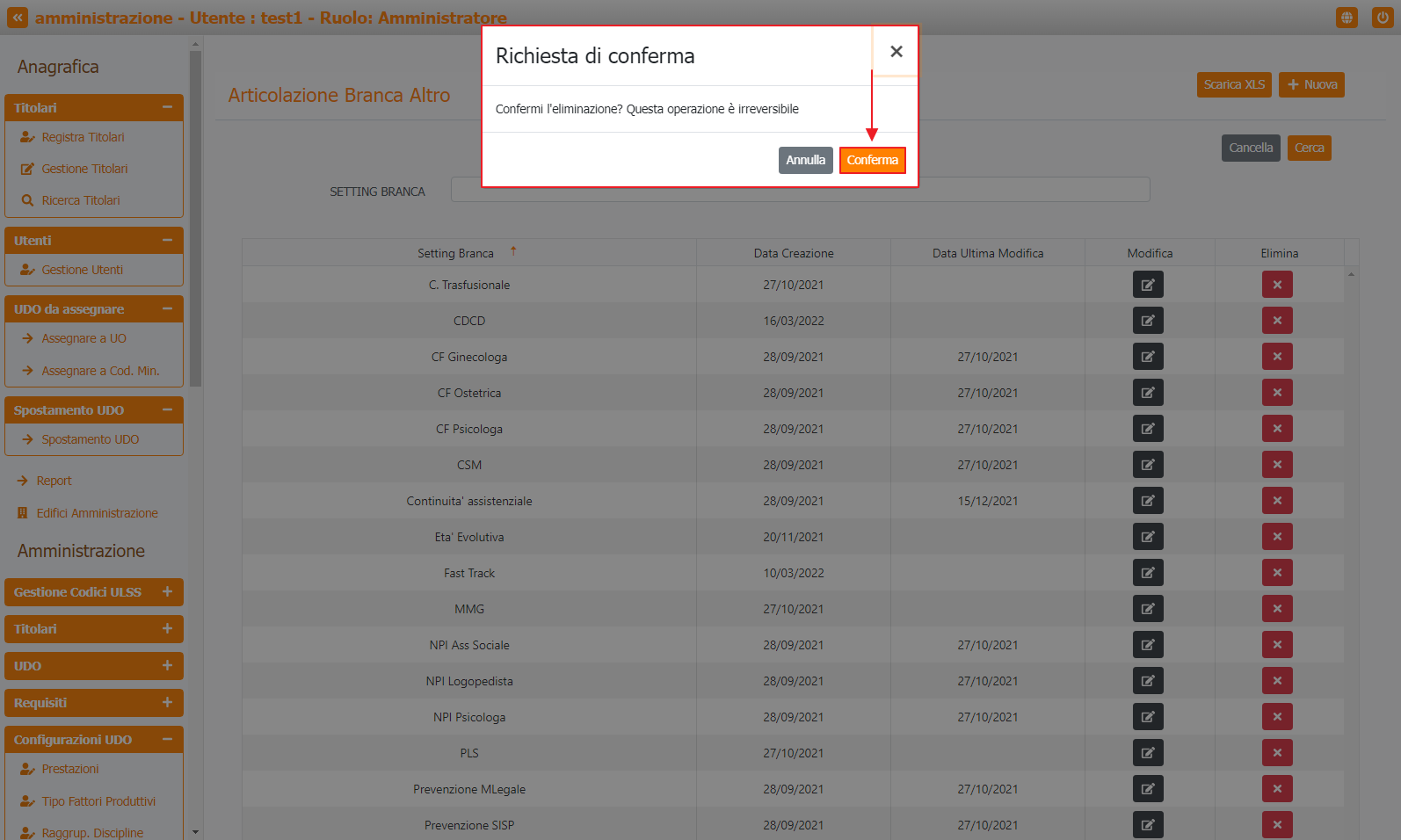 Finestra e Pulsante Conferma Eliminazione Articolazione Branca Altro Finestra e Pulsante Conferma Eliminazione Articolazione Branca Altro